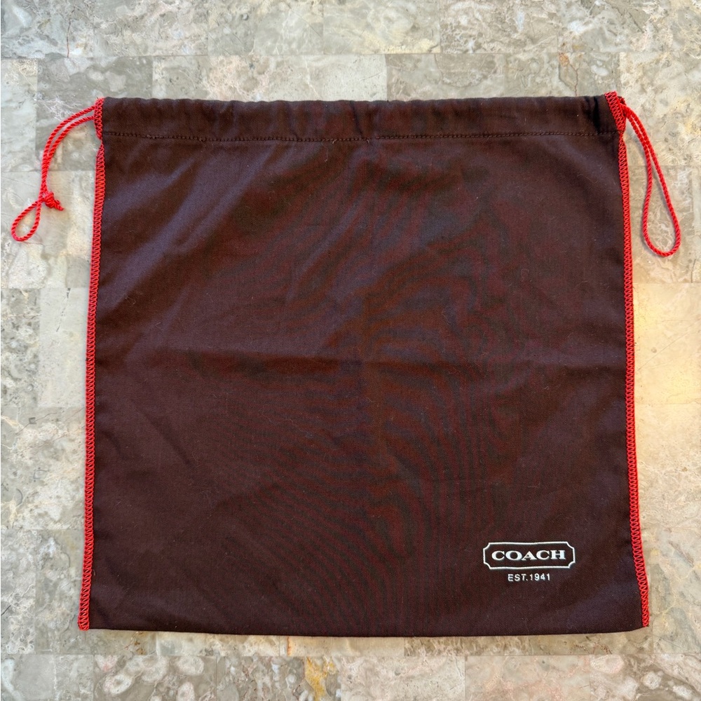 NEW COACH Brown Dust Bag 13x11” Red Stitching Drawstring Cotton Logo